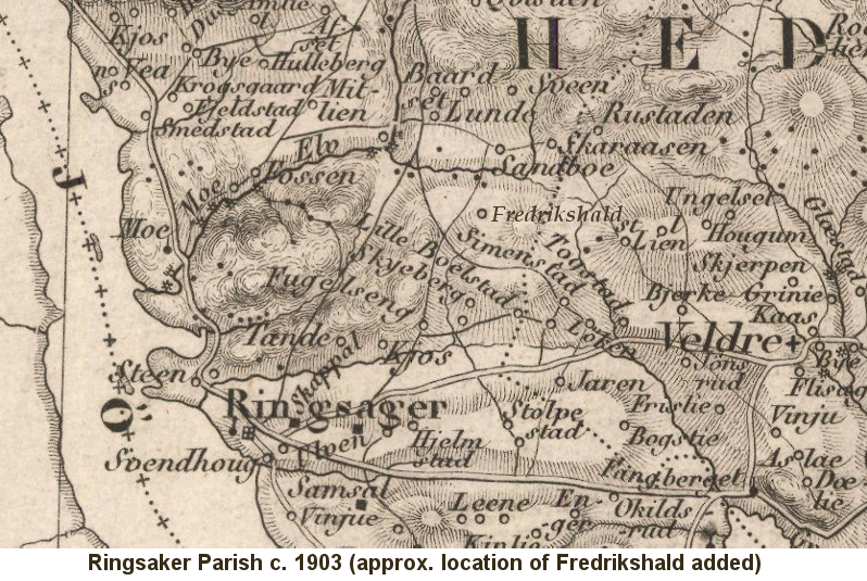 1903 Sepia-toned map showing southwestern Ringsaker Parish along Mjosa Lake, including Krogsgaard, Feldstad, and Ringager farms; the approximate location of the Fredrikshald farm has been added